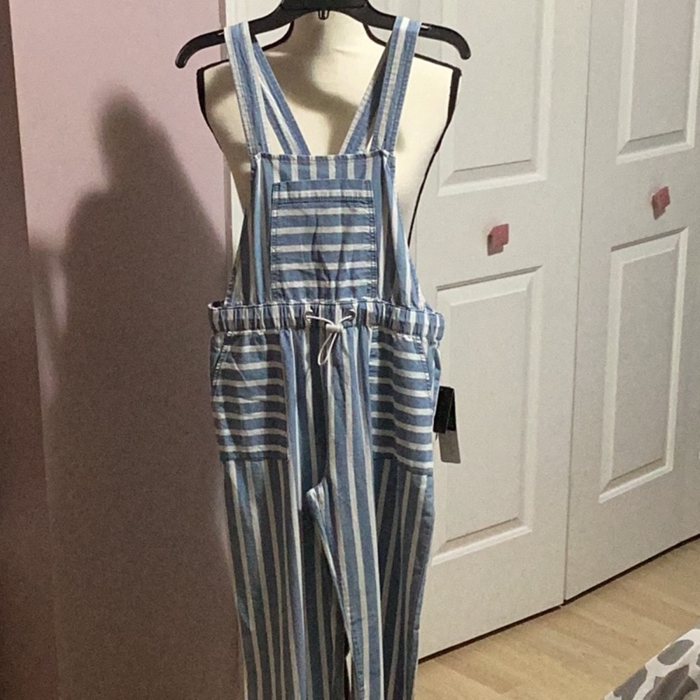 Blue and White Striped Jumpsuit with Wide Leg and Bib Front